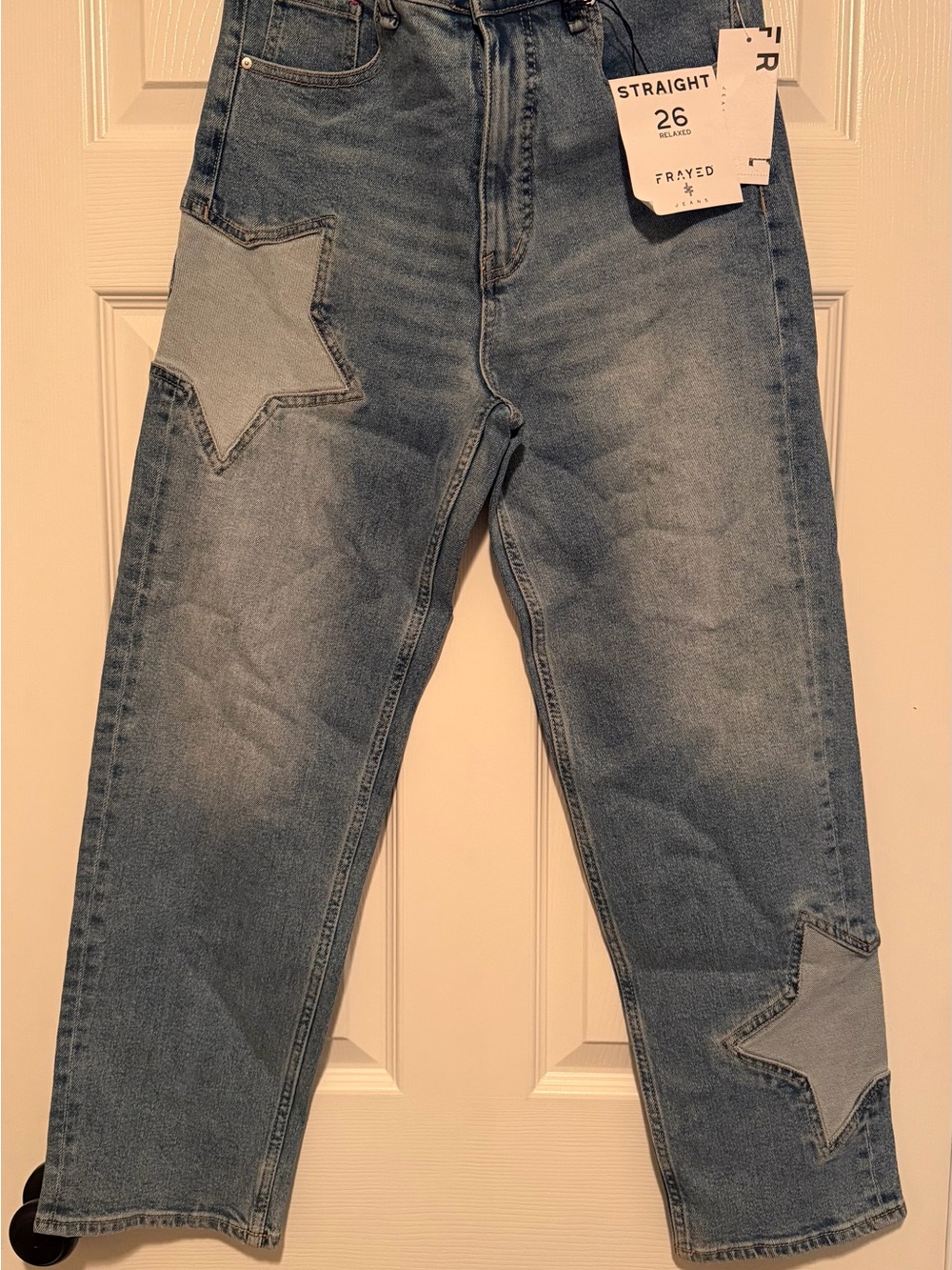 Frayed Straight Leg Women’s Jeans with Star Patch - Blue